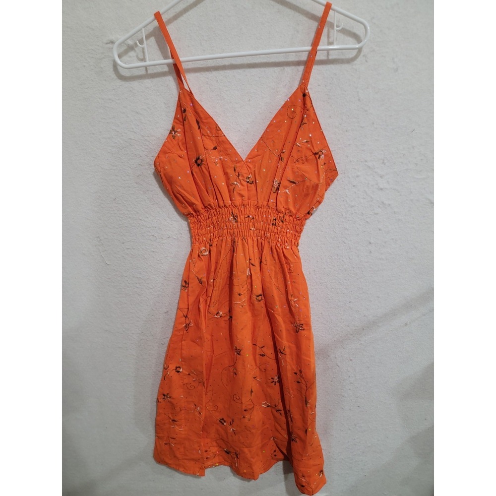 Tiki Palm Orange Cotton Mini Dress Large‎ Embroidered Sequin Smocked Waist NWT